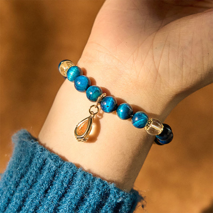 Buddha Stones Armband mit blauem Tigerauge und weißem Kristall, Wassertropfen-Stärke