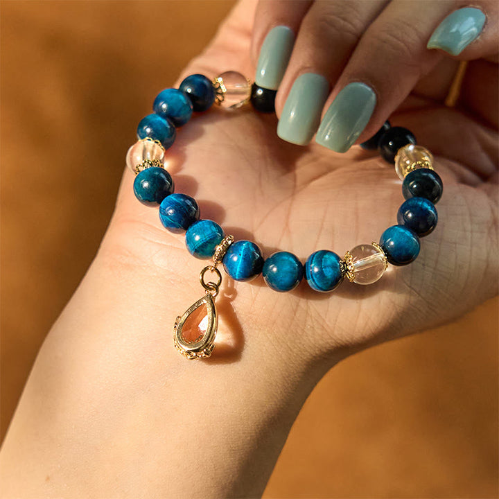 Buddha Stones Armband mit blauem Tigerauge und weißem Kristall, Wassertropfen-Stärke