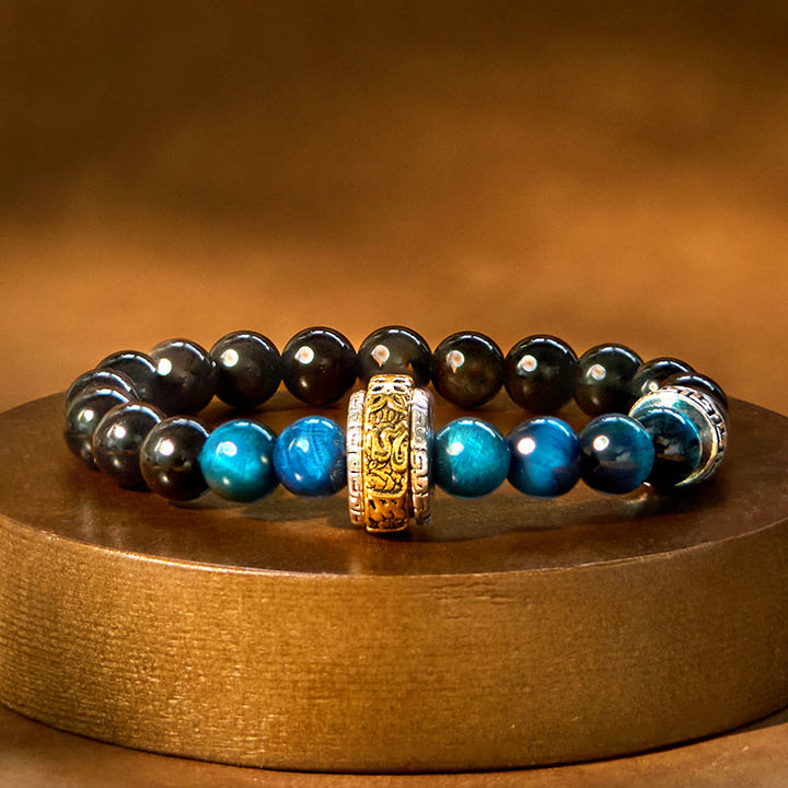 Buddha Stones Silberglanz Obsidian Blau Tigerauge Schutzarmband