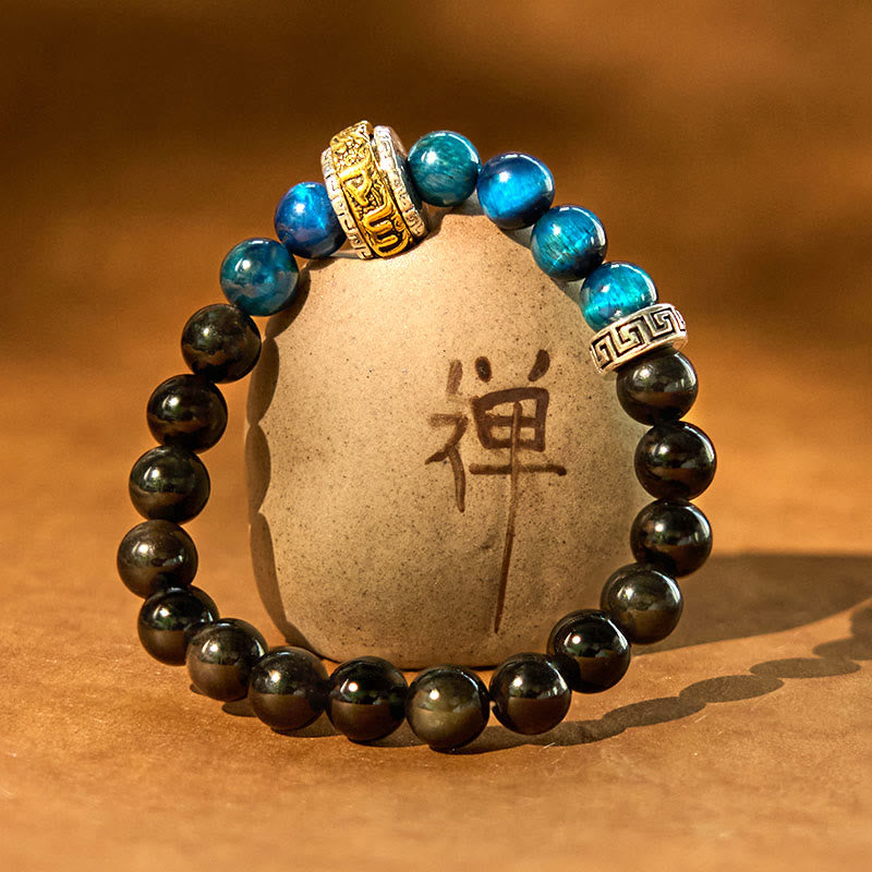 Buddha Stones Silberglanz Obsidian Blau Tigerauge Schutzarmband