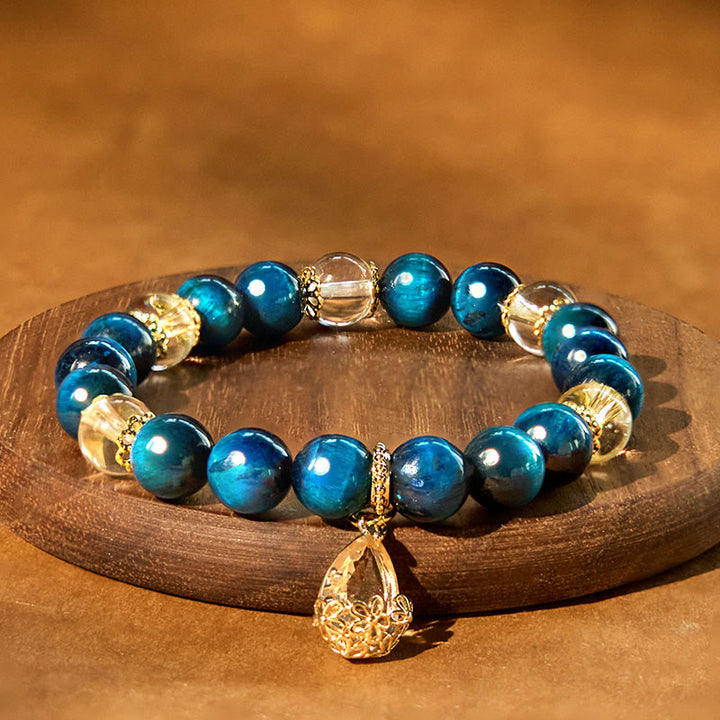 Buddha Stones Armband mit blauem Tigerauge und weißem Kristall, Wassertropfen-Stärke