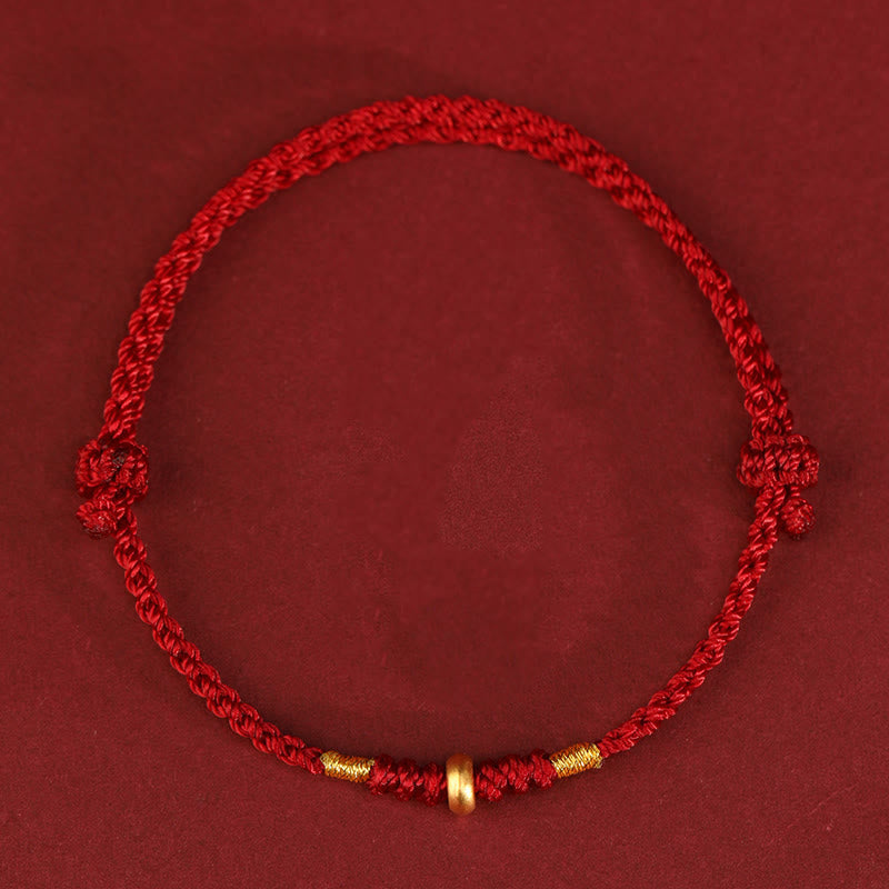 Buddha Stones 999 Gold Kleine Glücksperlen Schnur Schutz Glück Geflochtenes Armband Fußkettchen - Fußkettchen aus 999er Gold (Umfang 19-23 cm) - Dunkelrotes Seil - image 1