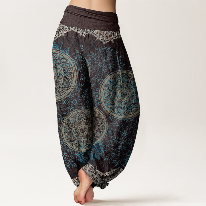 Baumwoll-Haremshose mit Buddha Stones , Mandala-Muster und Blättern, elastischem Bund für Damen - image 2