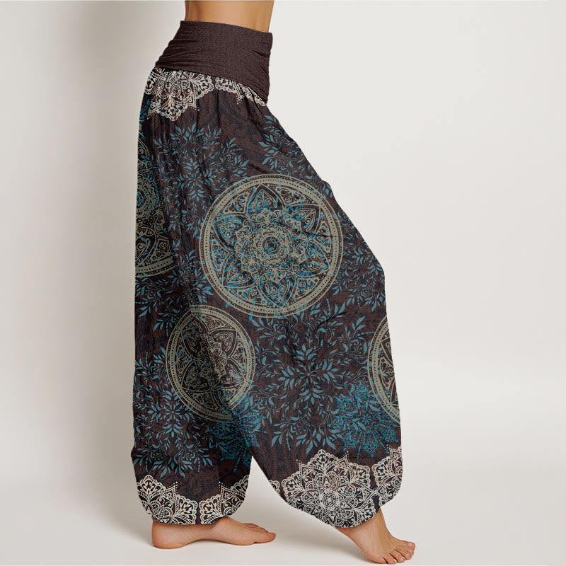 Baumwoll-Haremshose mit Buddha Stones , Mandala-Muster und Blättern, elastischem Bund für Damen - image 1