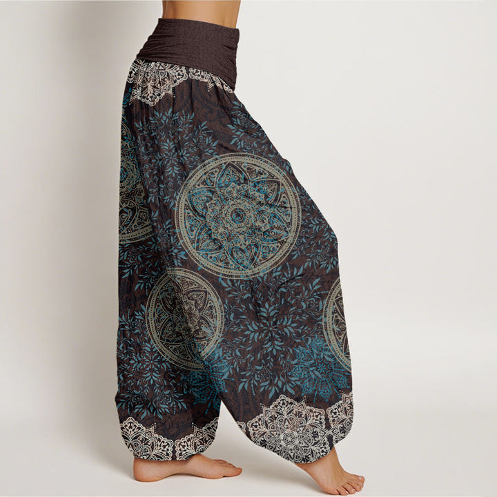 Baumwoll-Haremshose mit Buddha Stones , Mandala-Muster und Blättern, elastischem Bund für Damen - image 1