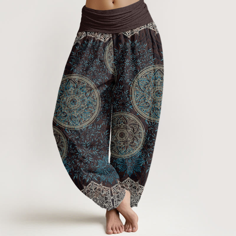 Baumwoll-Haremshose mit Buddha Stones , Mandala-Muster und Blättern, elastischem Bund für Damen - Braun - US22, UK/AU26, EU54 (6XL) - image 0