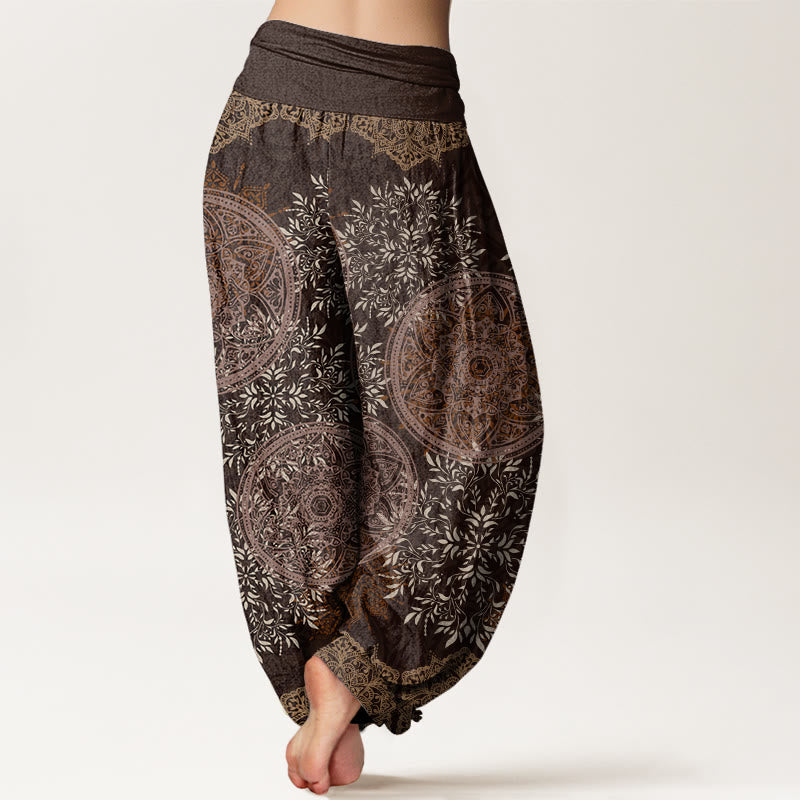 Baumwoll-Haremshose mit Buddha Stones , Mandala-Muster und Blättern, elastischem Bund für Damen - image 6