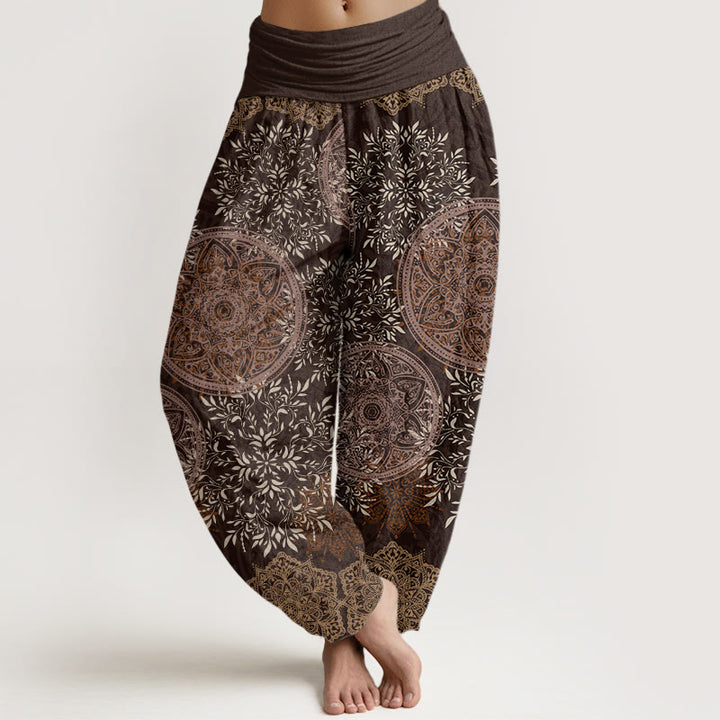 Baumwoll-Haremshose mit Buddha Stones , Mandala-Muster und Blättern, elastischem Bund für Damen - Sattelbraun - US22, UK/AU26, EU54 (6XL) - image 4
