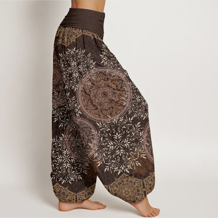 Baumwoll-Haremshose mit Buddha Stones , Mandala-Muster und Blättern, elastischem Bund für Damen - image 5