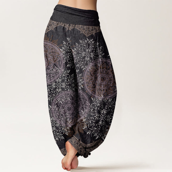 Baumwoll-Haremshose mit Buddha Stones , Mandala-Muster und Blättern, elastischem Bund für Damen - image 9