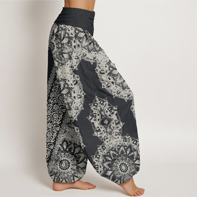 Baumwoll-Haremshose mit Buddha Stones , Mandala-Muster und parallelen Blumen, elastischem Bund für Damen - image 1