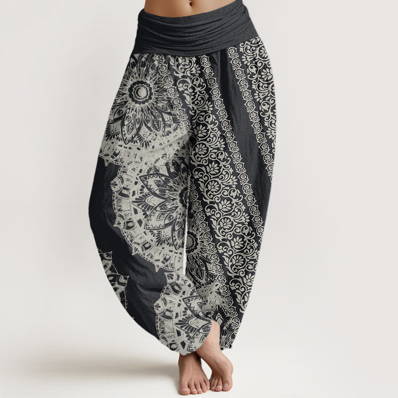Haremshose mit Buddha Stones und Mandala-Muster, parallele Blumen, für Damen, elastische Taille - Dunkelgrau - US22， UK/AU26，EU54 (6XL) - image 1