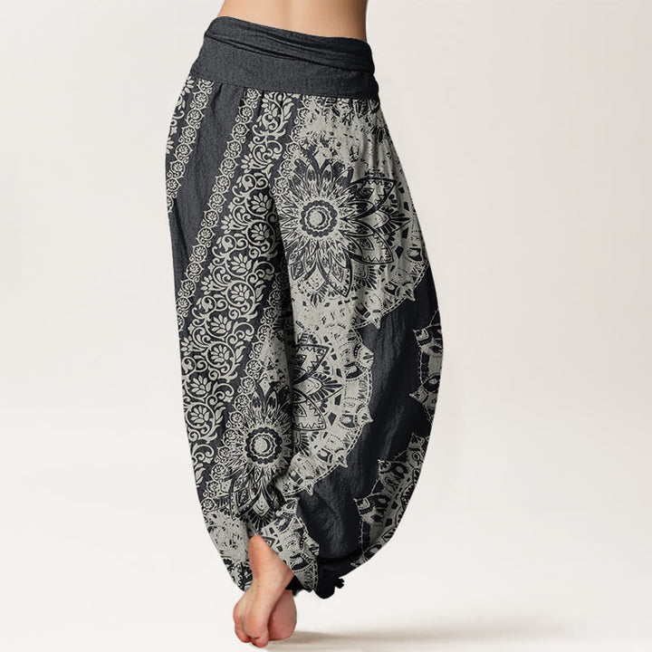 Baumwoll-Haremshose mit Buddha Stones , Mandala-Muster und parallelen Blumen, elastischem Bund für Damen - image 2