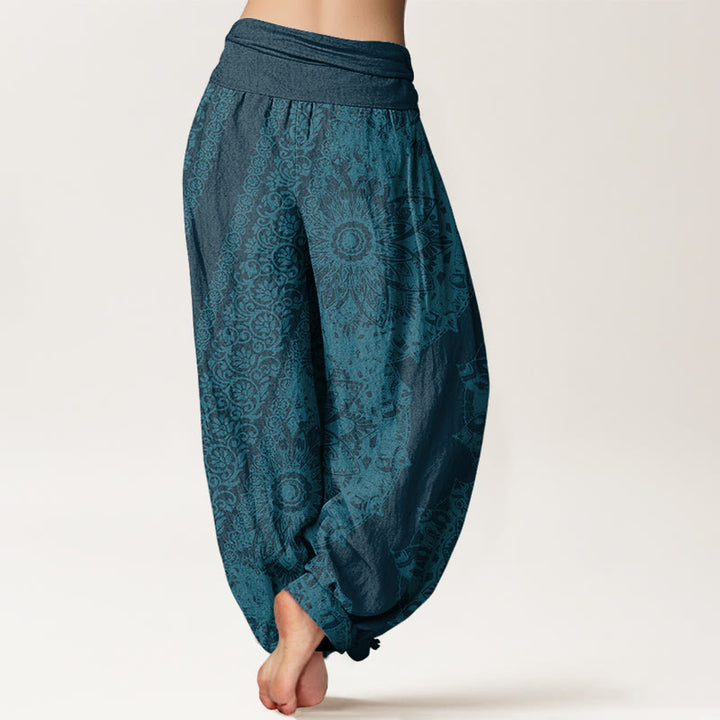 Baumwoll-Haremshose mit Buddha Stones , Mandala-Muster und parallelen Blumen, elastischem Bund für Damen - image 6