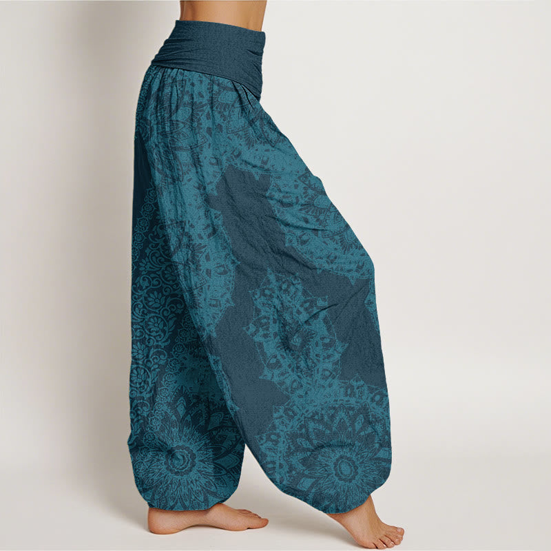 Baumwoll-Haremshose mit Buddha Stones , Mandala-Muster und parallelen Blumen, elastischem Bund für Damen - image 5