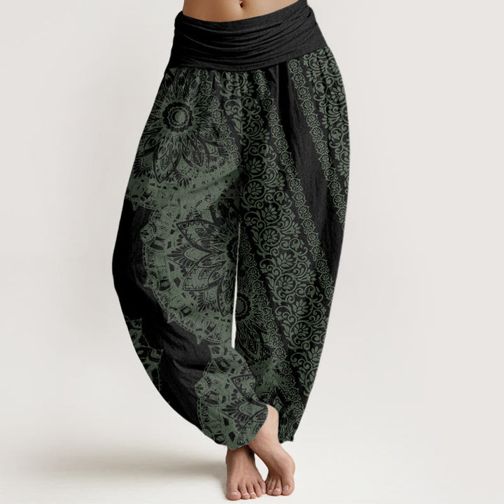 Haremshose mit Buddha Stones und Mandala-Muster, parallele Blumen, für Damen, elastische Taille - Schwarz - US22， UK/AU26，EU54 (6XL) - image 8