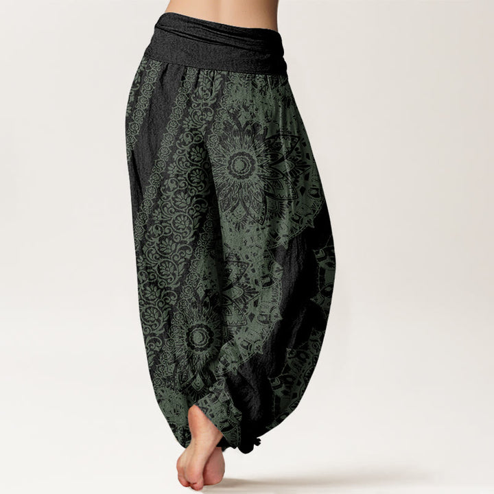 Baumwoll-Haremshose mit Buddha Stones , Mandala-Muster und parallelen Blumen, elastischem Bund für Damen - image 9