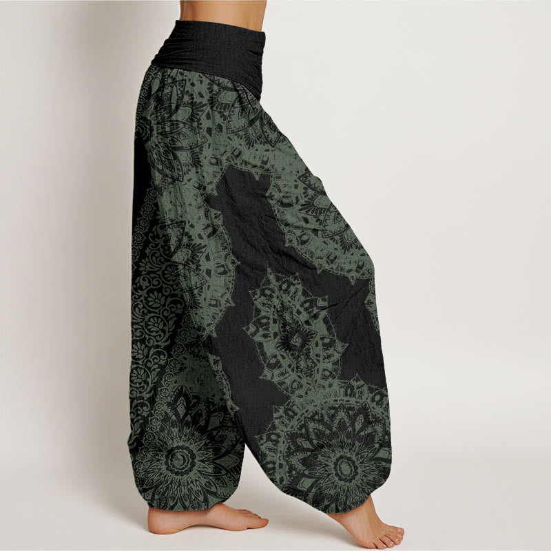 Baumwoll-Haremshose mit Buddha Stones , Mandala-Muster und parallelen Blumen, elastischem Bund für Damen - image 8