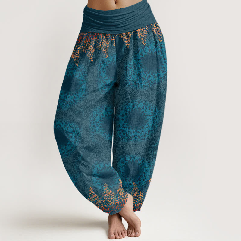 Haremshose für Damen mit elastischer Taille und Buddha Stones, dreieckiges Mandala-Muster - DunkelCyan - US22， UK/AU26，EU54 (6XL) - image 1