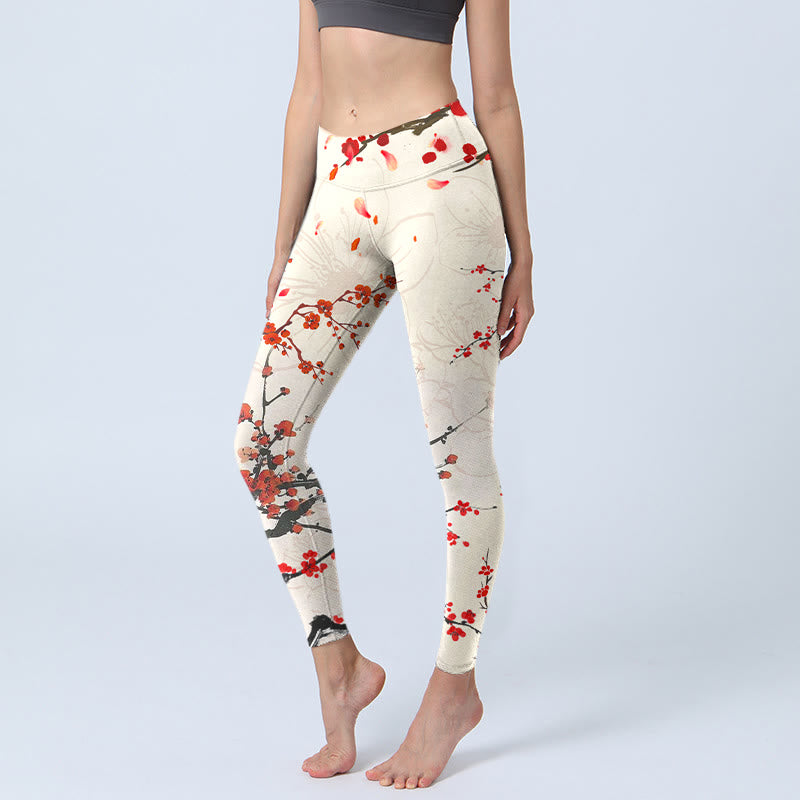 Buddha Stones Blühende rote Pflaumenblüten Print Gym Leggings Damen Yogahose - Beige - US18， UK/AU22，EU50 (4XL) - image 1