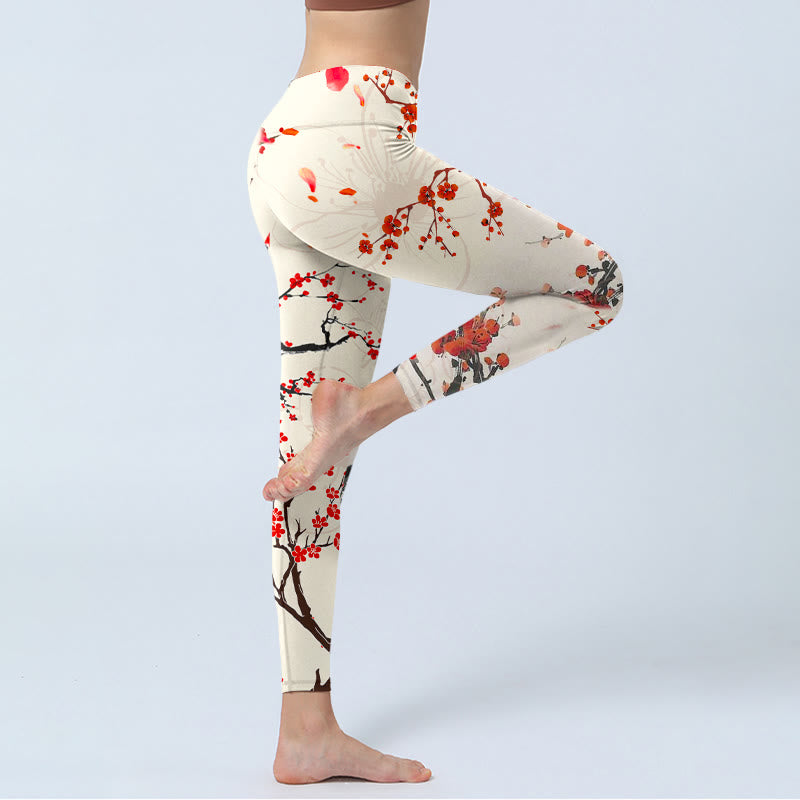 Buddha Stones Blühende rote Pflaumenblüten Print Gym Leggings Damen Yogahose