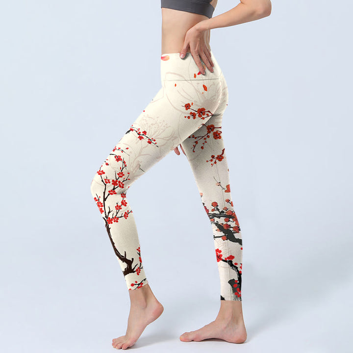 Buddha Stones Blühende rote Pflaumenblüten Print Gym Leggings Damen Yogahose