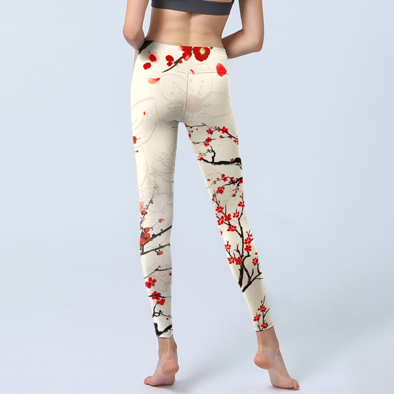 Buddha Stones Blühende rote Pflaumenblüten Print Gym Leggings Damen Yogahose