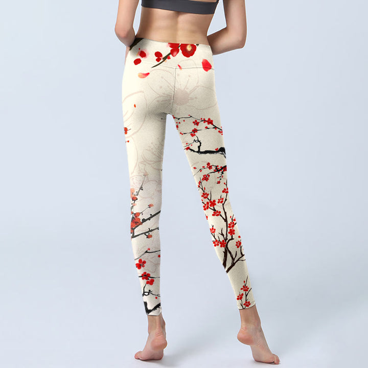 Buddha Stones Blühende rote Pflaumenblüten Print Gym Leggings Damen Yogahose