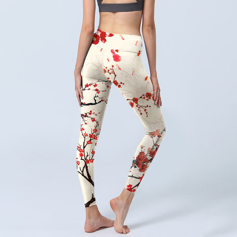 Buddha Stones Blühende rote Pflaumenblüten Print Gym Leggings Damen Yogahose - image 5