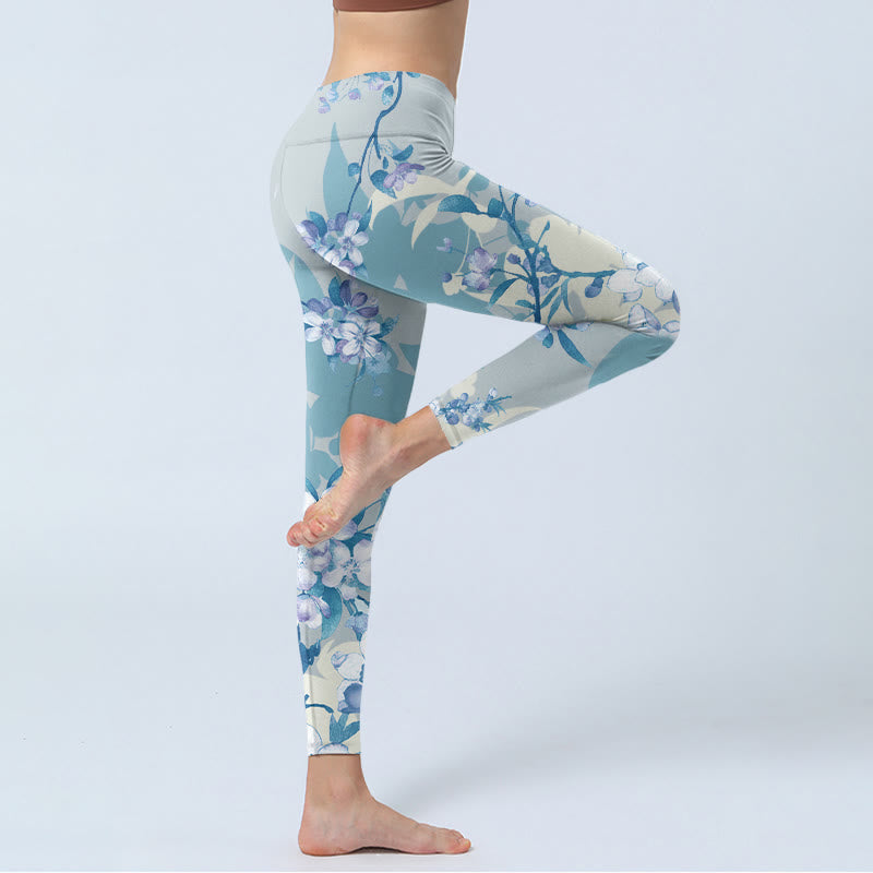 Buddha Stones Weiß Blau Blumen Print Gym Leggings Damen Yogahose