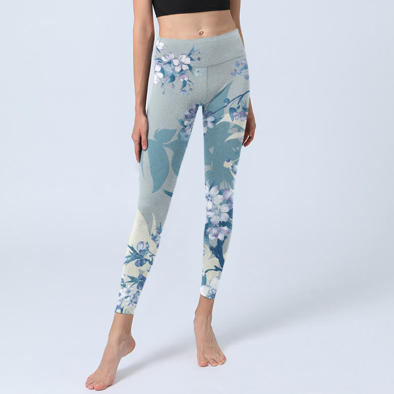 Buddha Stones Weiß Blau Blumen Print Gym Leggings Damen Yogahose