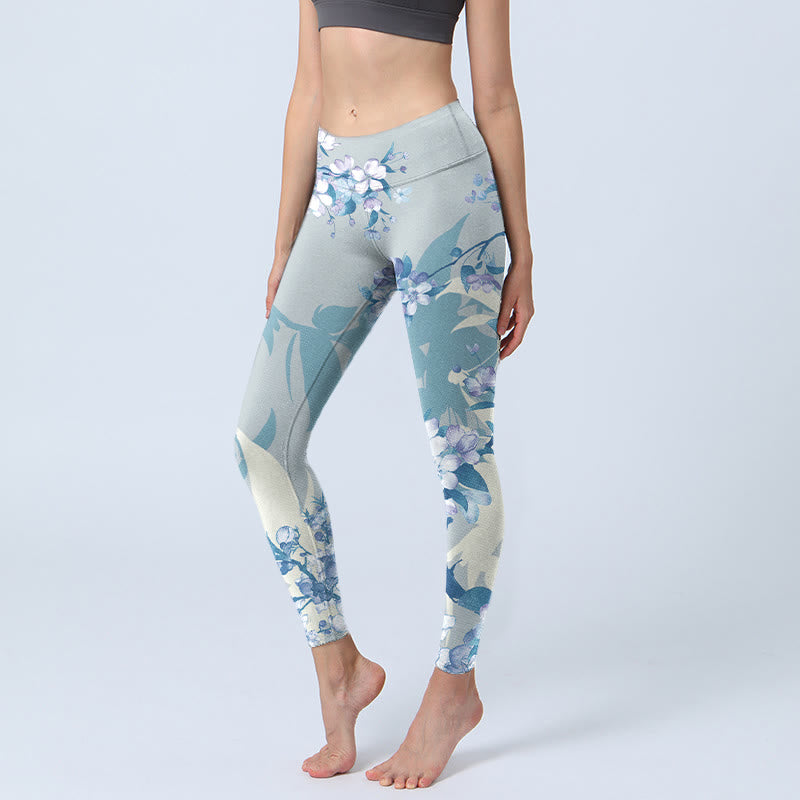 Buddha Stones Weiß Blau Blumen Print Gym Leggings Damen Yogahose - Hellblau - US18， UK/AU22，EU50 (4XL) - image 1