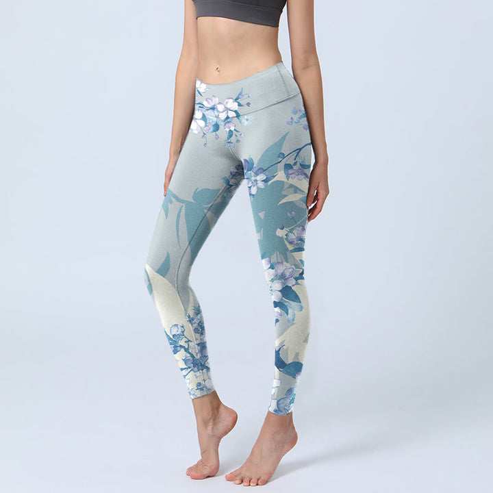 Buddha Stones Weiß Blau Blumen Print Gym Leggings Damen Yogahose