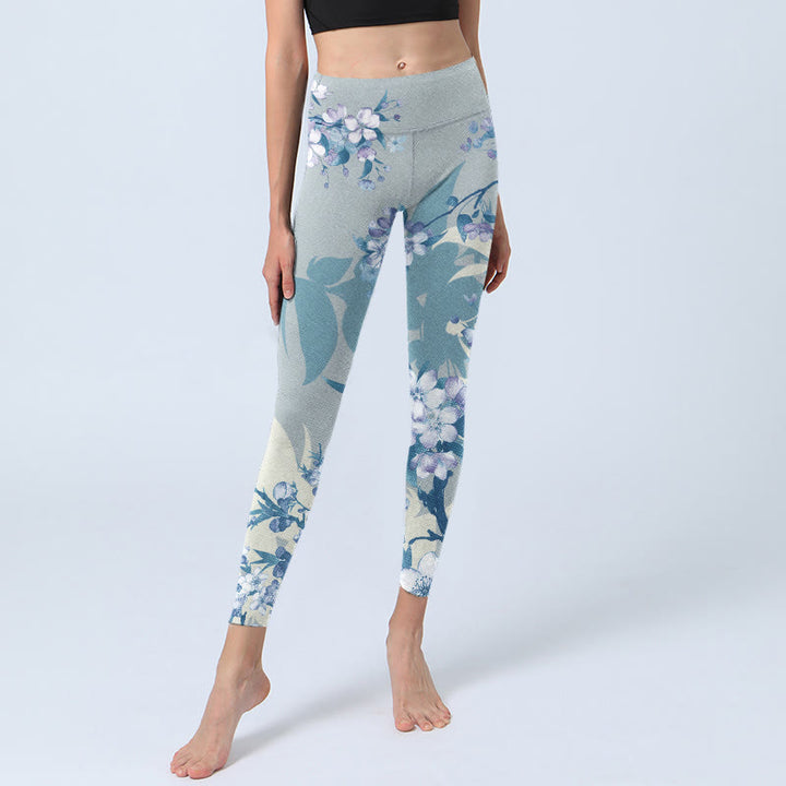 Buddha Stones Weiß Blau Blumen Print Gym Leggings Damen Yogahose - image 5