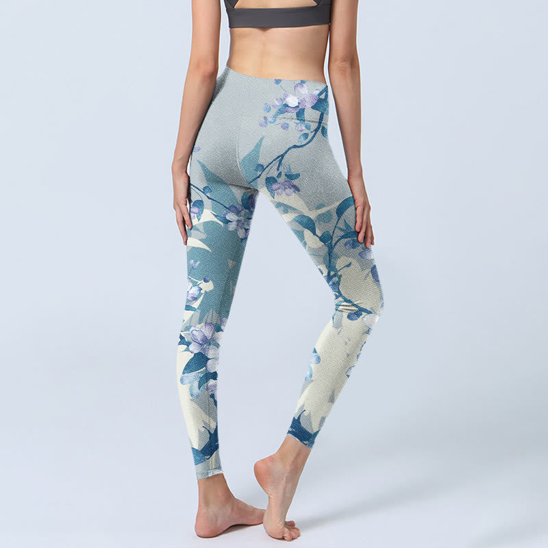 Buddha Stones Weiß Blau Blumen Print Gym Leggings Damen Yogahose