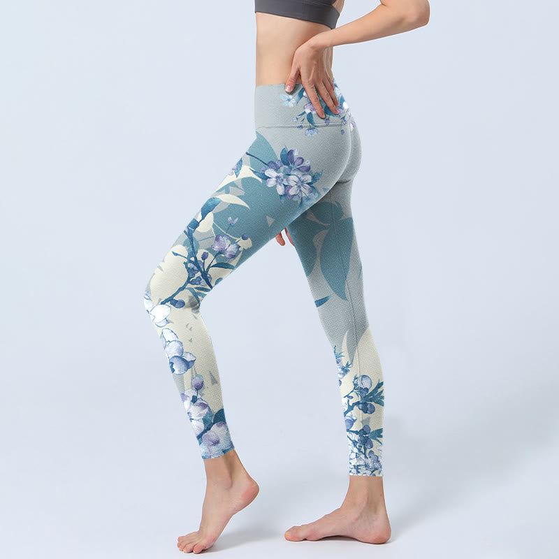 Buddha Stones Weiß Blau Blumen Print Gym Leggings Damen Yogahose