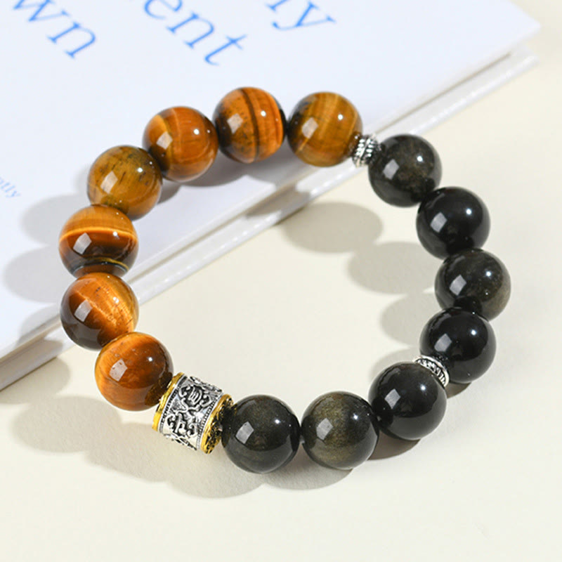 Armband mit Buddha Stones, Tigerauge, Goldglanz, Obsidian, Om Mani Padme Hum