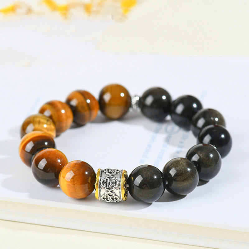 Armband mit Buddha Stones, Tigerauge, Goldglanz, Obsidian, Om Mani Padme Hum