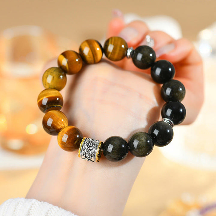 Armband mit Buddha Stones, Tigerauge, Goldglanz, Obsidian, Om Mani Padme Hum