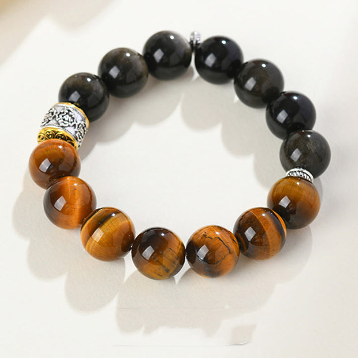 Armband mit Buddha Stones, Tigerauge, Goldglanz, Obsidian, Om Mani Padme Hum