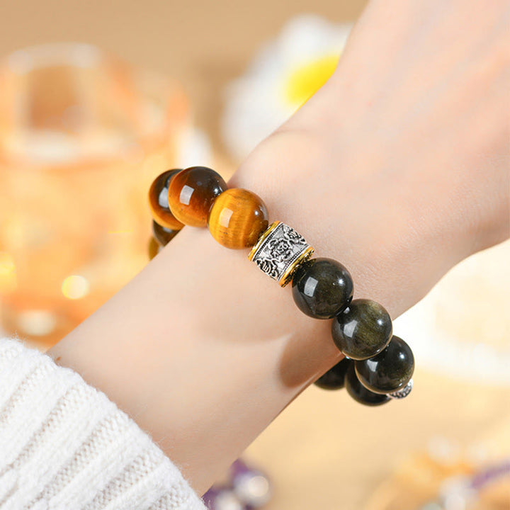 Armband mit Buddha Stones, Tigerauge, Goldglanz, Obsidian, Om Mani Padme Hum