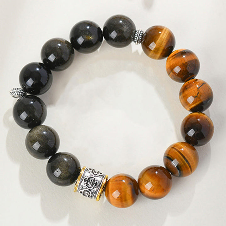 Armband mit Buddha Stones, Tigerauge, Goldglanz, Obsidian, Om Mani Padme Hum