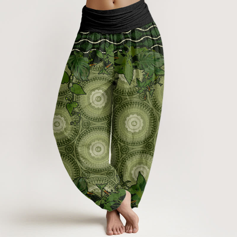 Haremshose mit runden Buddha Stones und Mandara-Blättern für Damen mit elastischer Taille