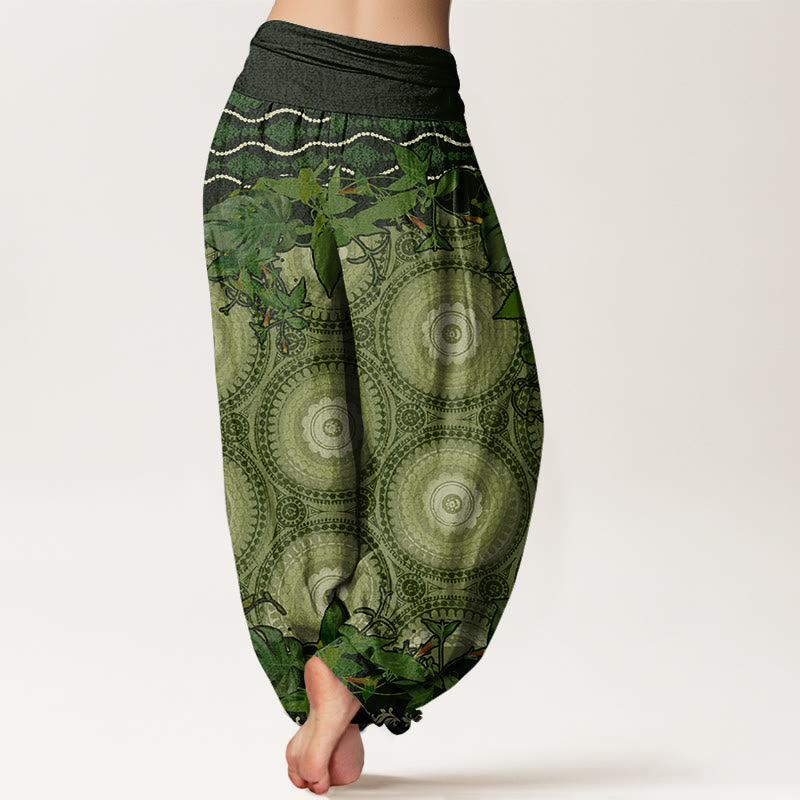 Haremshose mit runden Buddha Stones und Mandara-Blättern für Damen mit elastischer Taille