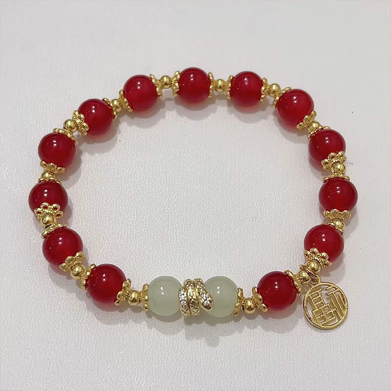 Buddha Stones, roter Achat, Jade, Fu-Charakter, Jahr der Schlange, ruhiges Armband