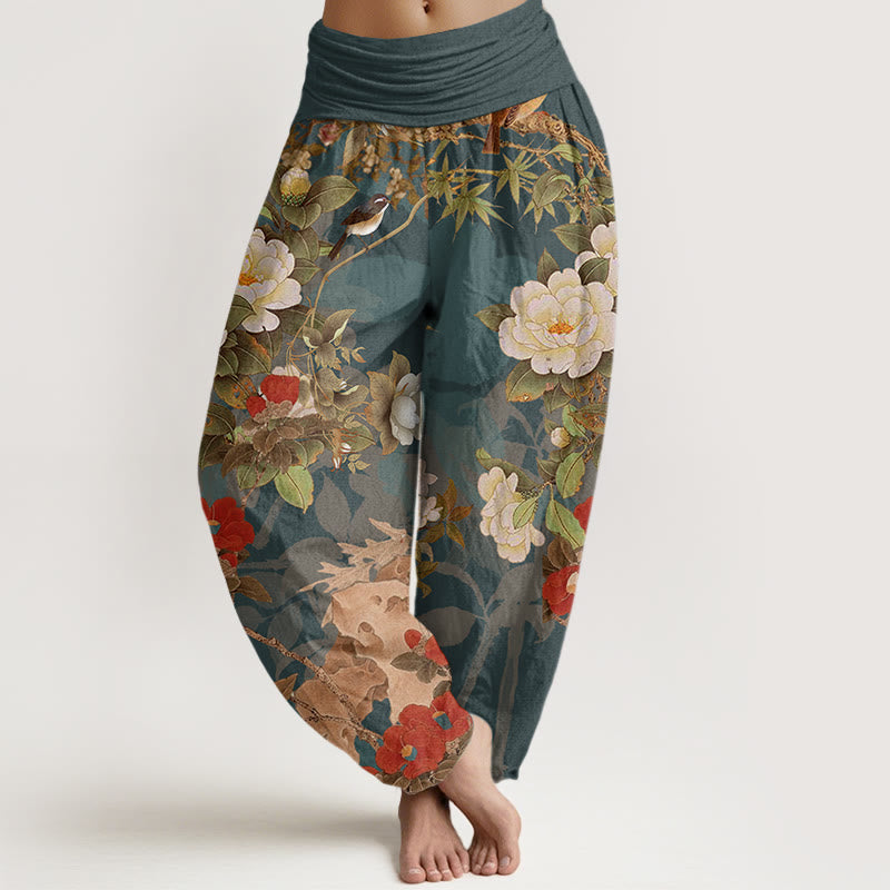 Buddha Stones Baumwoll-Freizeithose mit Pfingstrosenblüten und Blättern, Elster-Motiv, elastischer Bund, Damen-Haremshose - Türkis - US22, UK/AU26, EU54 (6XL) - image 0