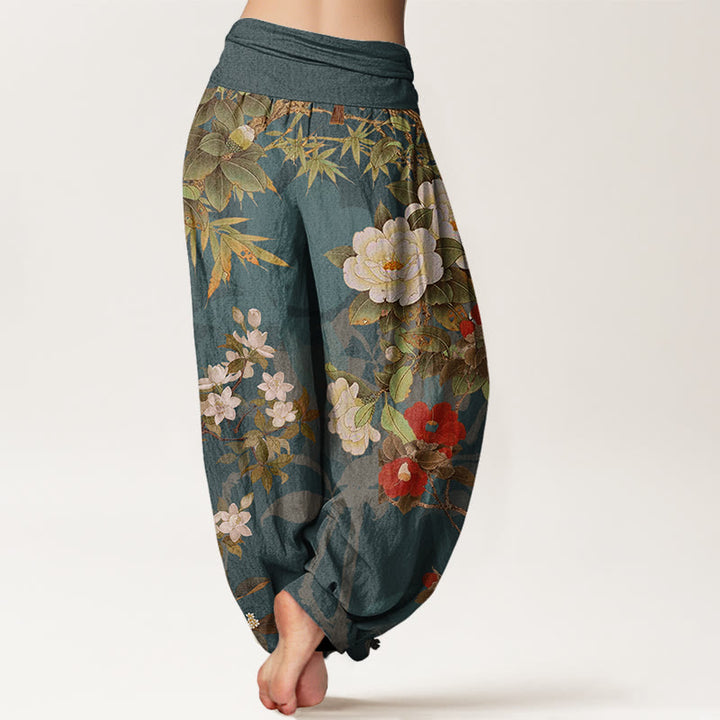 Buddha Stones Lässige Haremshose mit Pfingstrose, Blumen, Blättern und Elster für Damen, elastische Taille - image 3
