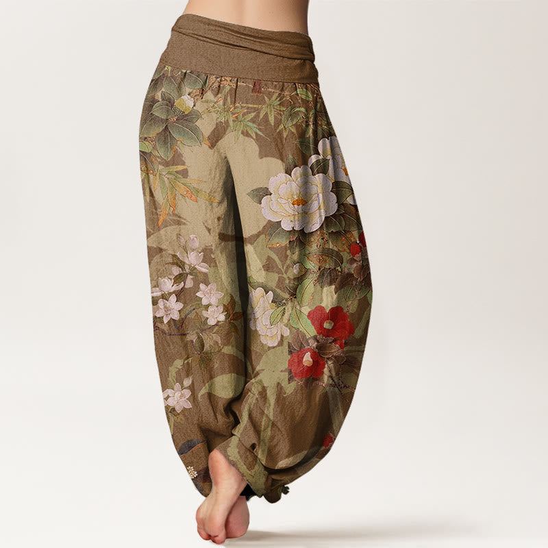 Buddha Stones Baumwoll-Freizeithose mit Pfingstrosenblüten und Blättern, Elster-Motiv, elastischer Bund, Damen-Haremshose - image 6