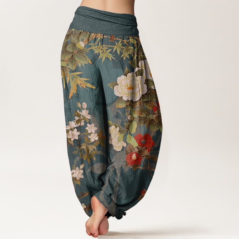 Buddha Stones Baumwoll-Freizeithose mit Pfingstrosenblüten und Blättern, Elster-Motiv, elastischer Bund, Damen-Haremshose - image 2