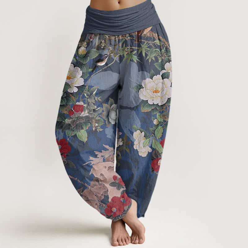 Buddha Stones Baumwoll-Freizeithose mit Pfingstrosenblüten und Blättern, Elster-Motiv, elastischer Bund, Damen-Haremshose - SteelBlue - US22, UK/AU26, EU54 (6XL) - image 7